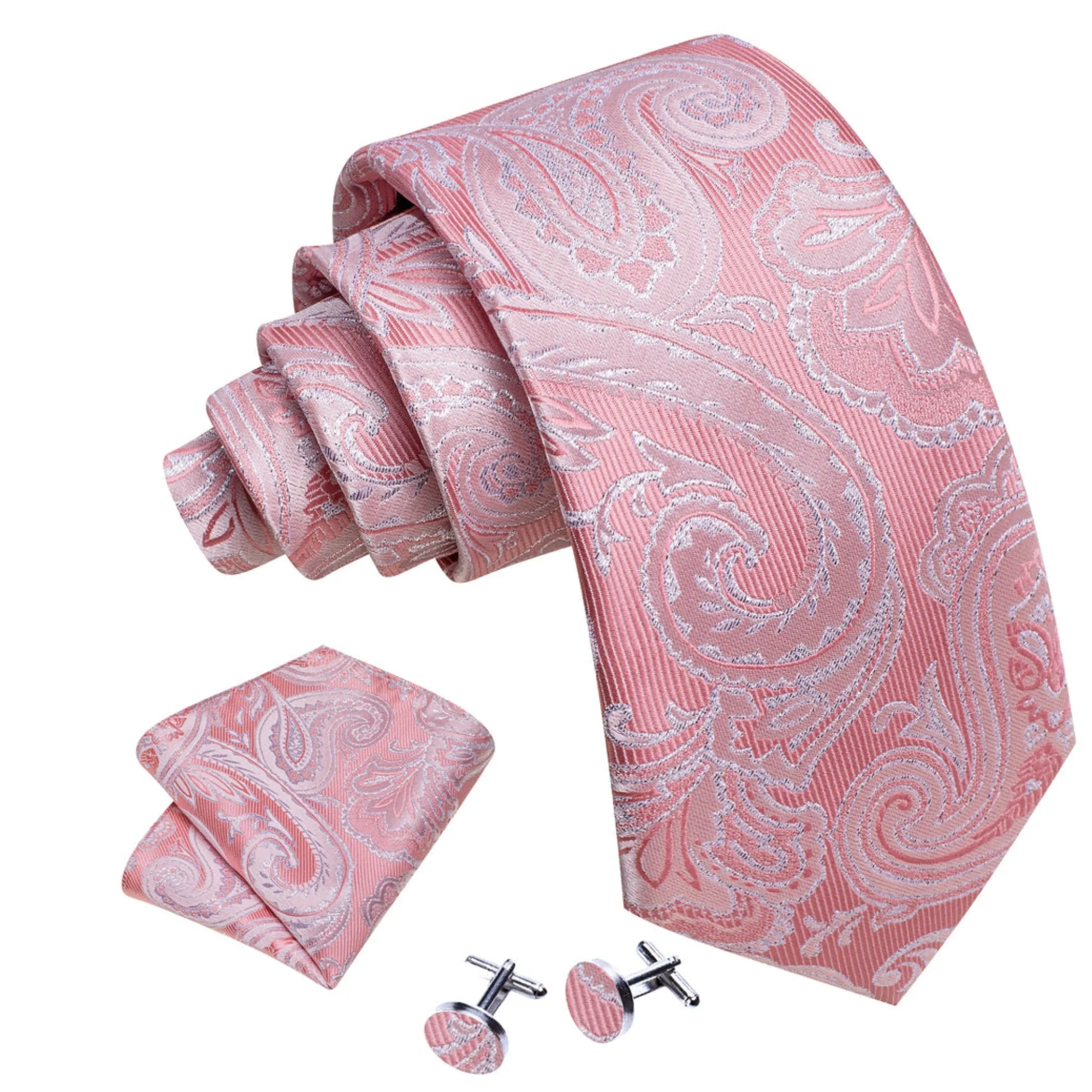 Men's Pink And White Paisley 100% Silk Neck Tie With Matching Hanky And Cufflinks Set