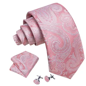 Men's Pink And White Paisley 100% Silk Neck Tie With Matching Hanky And Cufflinks Set