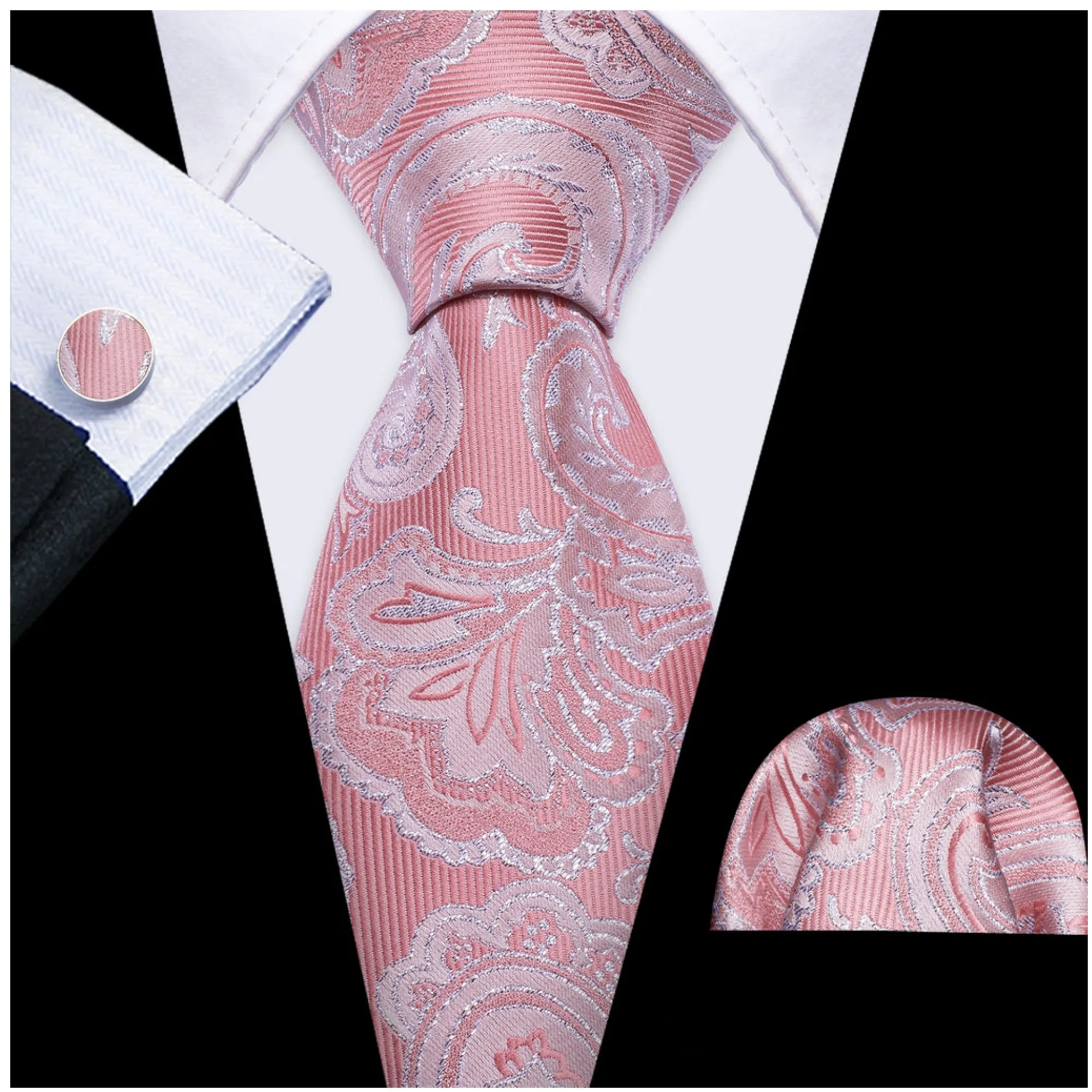 Men's Pink And White Paisley 100% Silk Neck Tie With Matching Hanky And Cufflinks Set