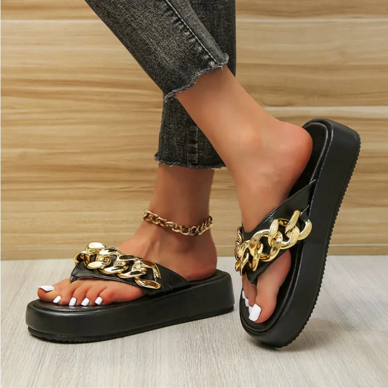 New Women Slippers Fashion Sexy Chain Flip-flops Slip-on Comfort Beach Shoes Platform Flat Sandals Plus Size Zapatillas De Mujer