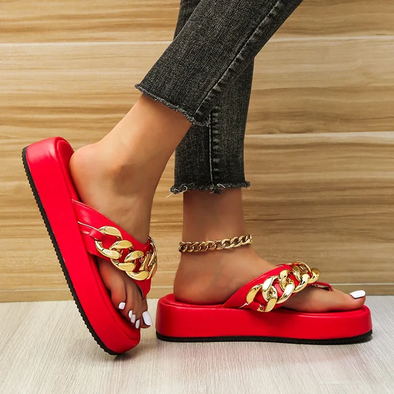 New Women Slippers Fashion Sexy Chain Flip-flops Slip-on Comfort Beach Shoes Platform Flat Sandals Plus Size Zapatillas De Mujer