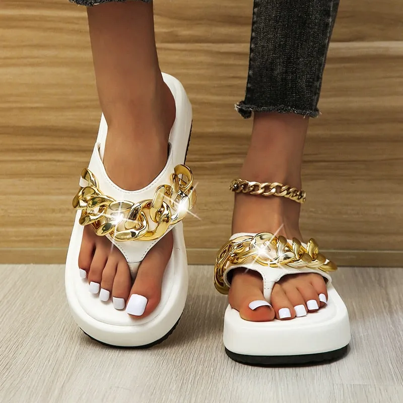 New Women Slippers Fashion Sexy Chain Flip-flops Slip-on Comfort Beach Shoes Platform Flat Sandals Plus Size Zapatillas De Mujer