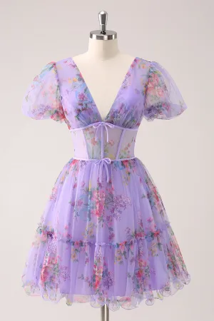 Purple A-Line V Neck Corset Short Floral Homecoming Dress with Lace Up Back