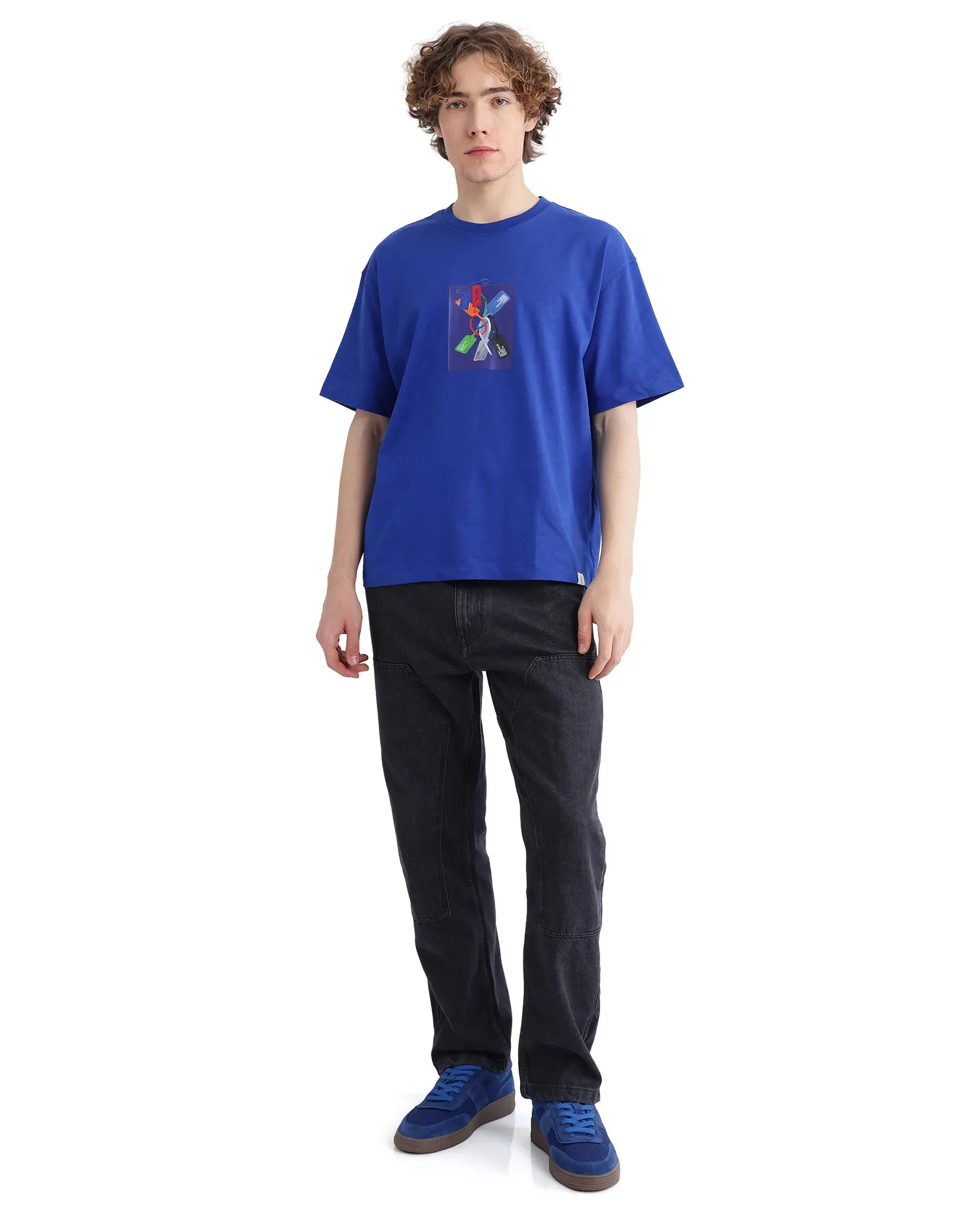 Rare Rabbit Men Just Blue Cotton Fabric Short Sleeve Crew Neck Boxy Fit Graphic Print T-Shirt