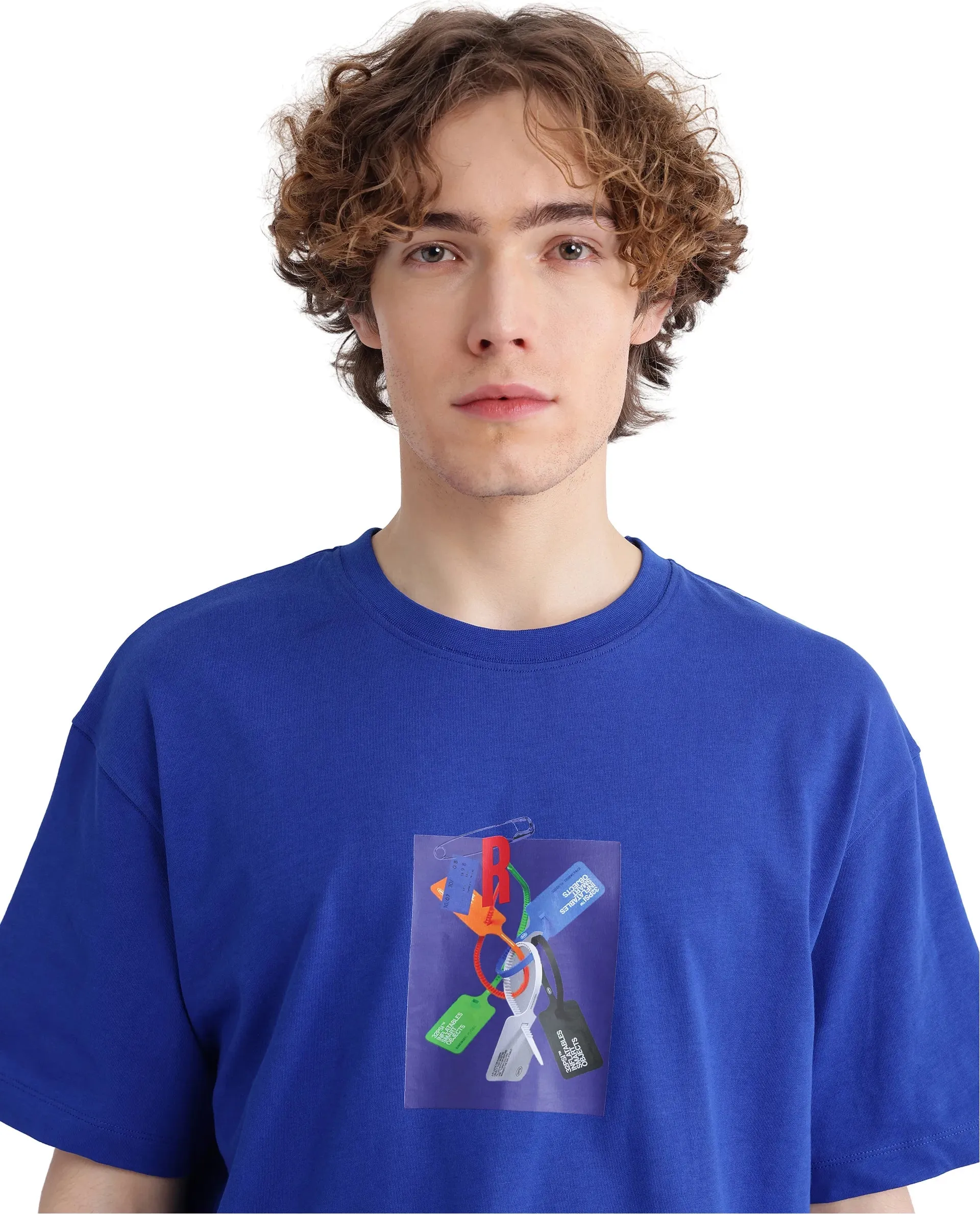 Rare Rabbit Men Just Blue Cotton Fabric Short Sleeve Crew Neck Boxy Fit Graphic Print T-Shirt