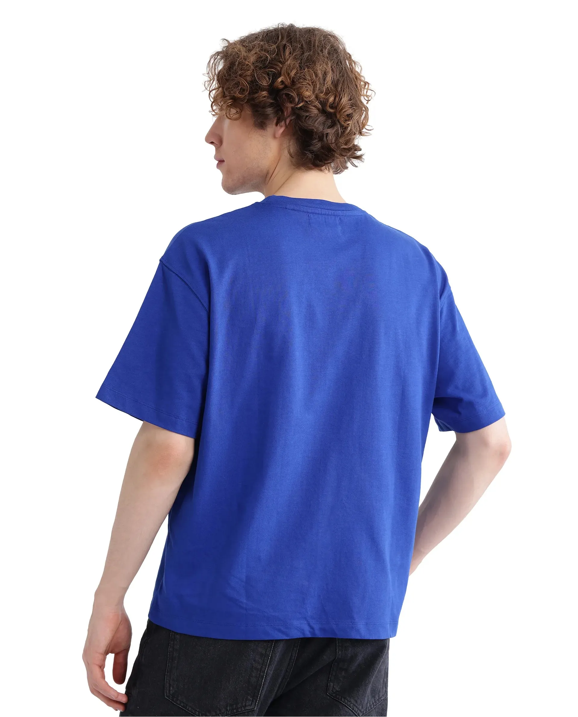 Rare Rabbit Men Just Blue Cotton Fabric Short Sleeve Crew Neck Boxy Fit Graphic Print T-Shirt