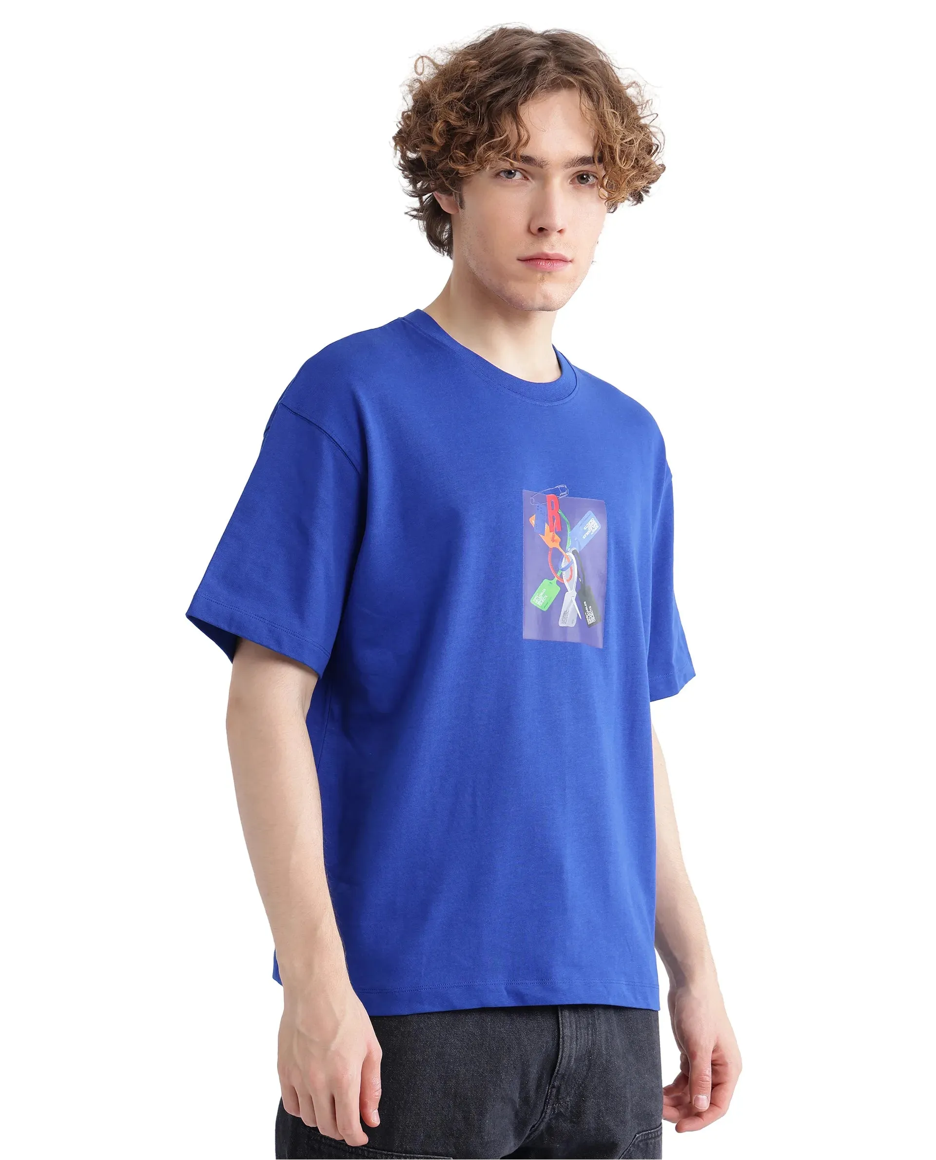 Rare Rabbit Men Just Blue Cotton Fabric Short Sleeve Crew Neck Boxy Fit Graphic Print T-Shirt