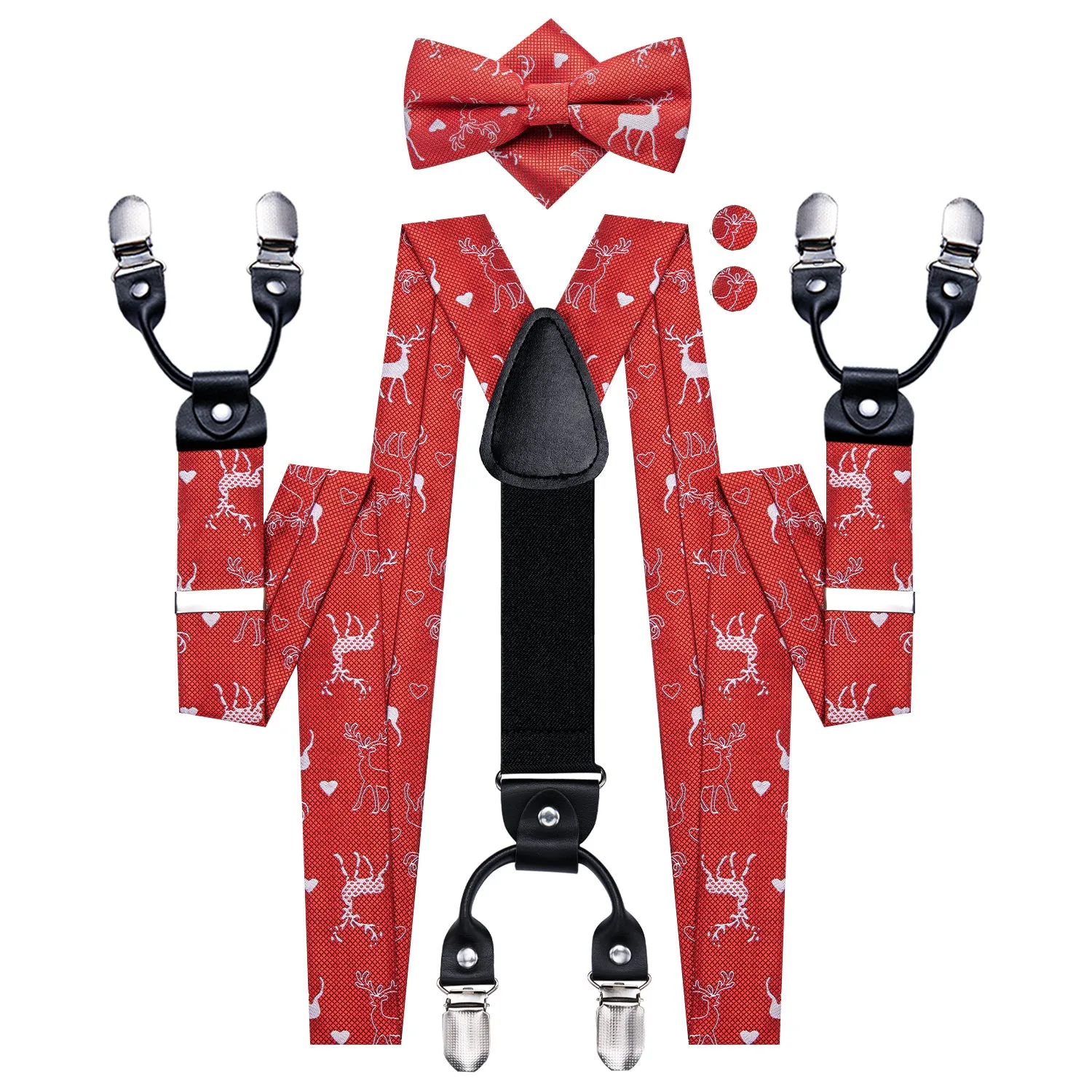 Red Chritsmas Deer Suspender Bowtie Hanky Cufflinks Set