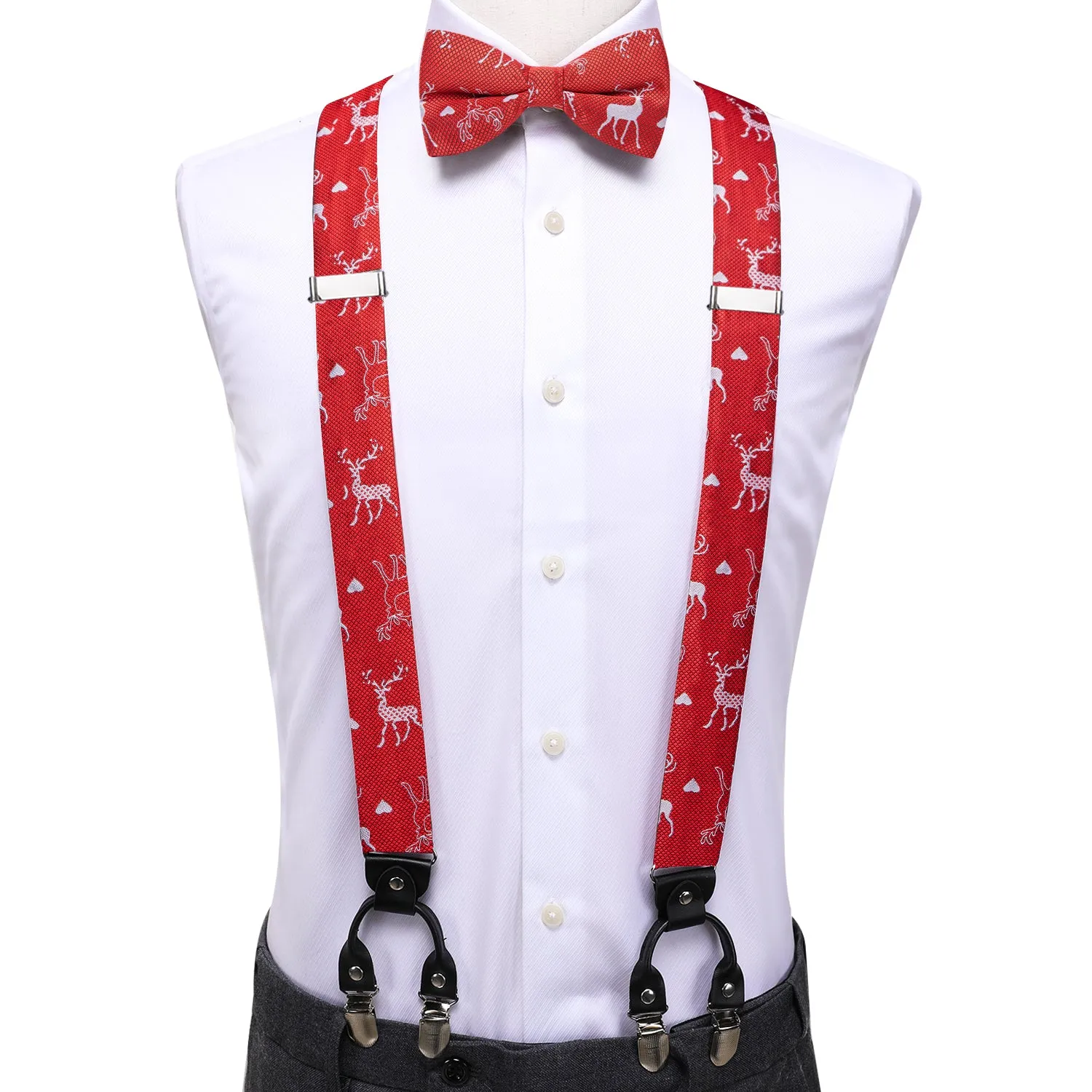 Red Chritsmas Deer Suspender Bowtie Hanky Cufflinks Set