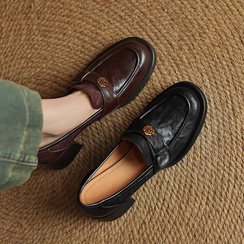 Retro Sheepskin Chunky Loafers With Metal Camellia Details in Coffee/Black