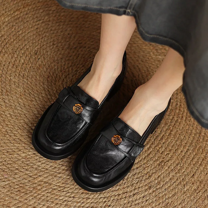Retro Sheepskin Chunky Loafers With Metal Camellia Details in Coffee/Black