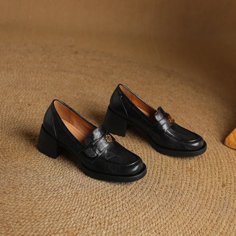Retro Sheepskin Chunky Loafers With Metal Camellia Details in Coffee/Black