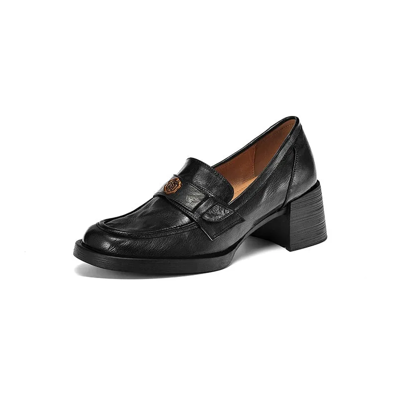 Retro Sheepskin Chunky Loafers With Metal Camellia Details in Coffee/Black