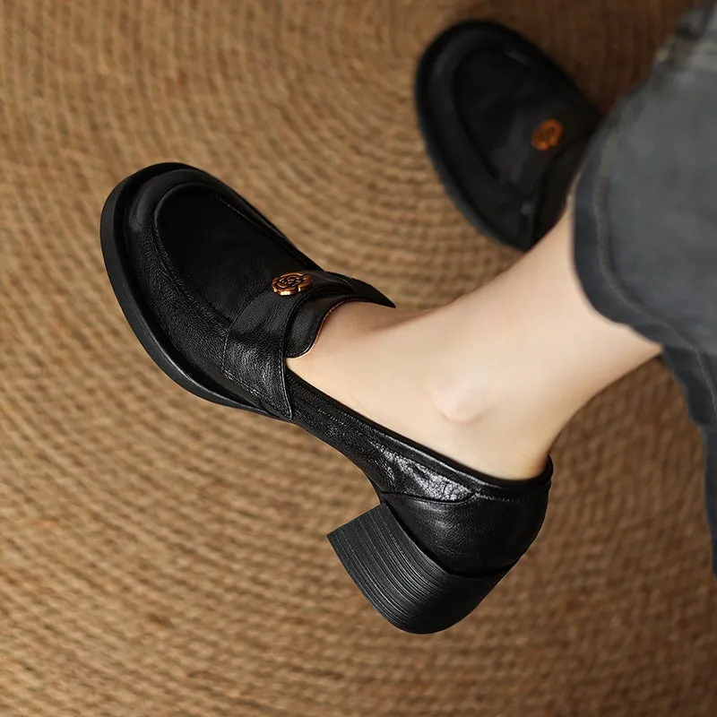 Retro Sheepskin Chunky Loafers With Metal Camellia Details in Coffee/Black