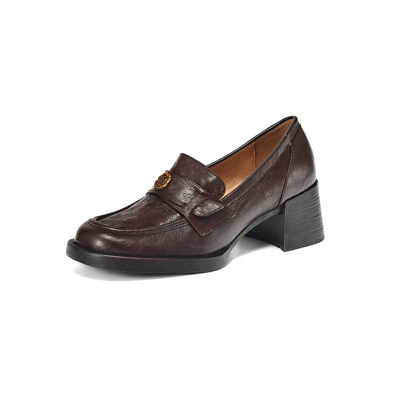 Retro Sheepskin Chunky Loafers With Metal Camellia Details in Coffee/Black