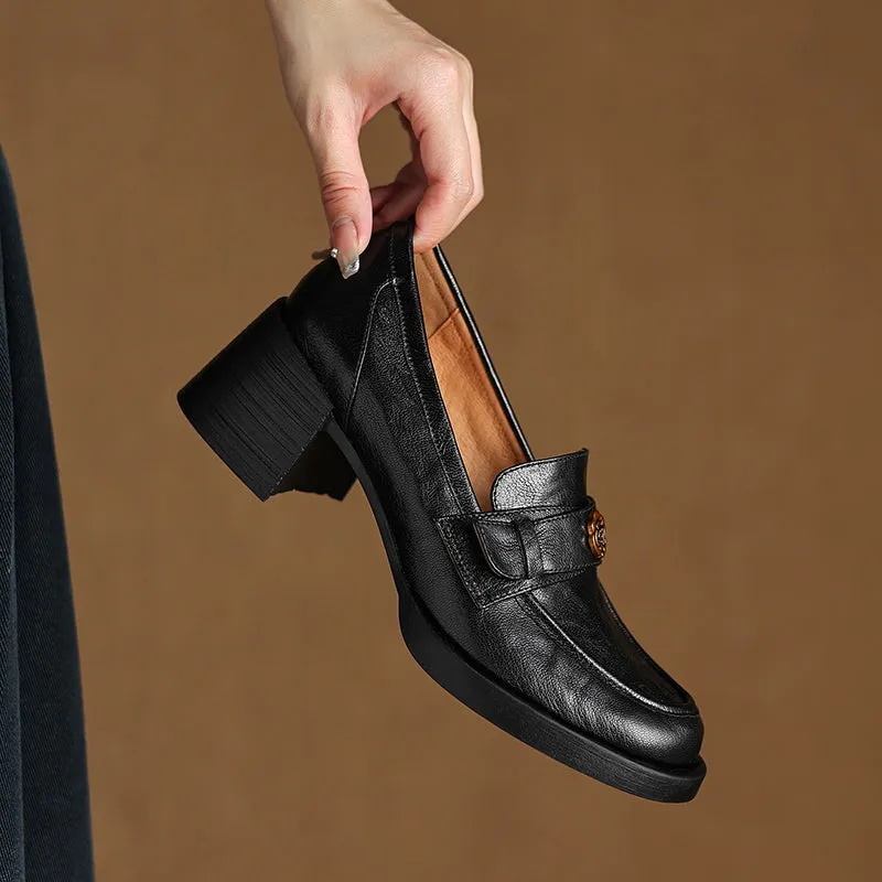 Retro Sheepskin Chunky Loafers With Metal Camellia Details in Coffee/Black