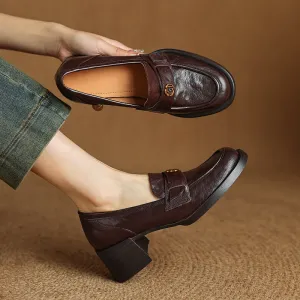 Retro Sheepskin Chunky Loafers With Metal Camellia Details in Coffee/Black