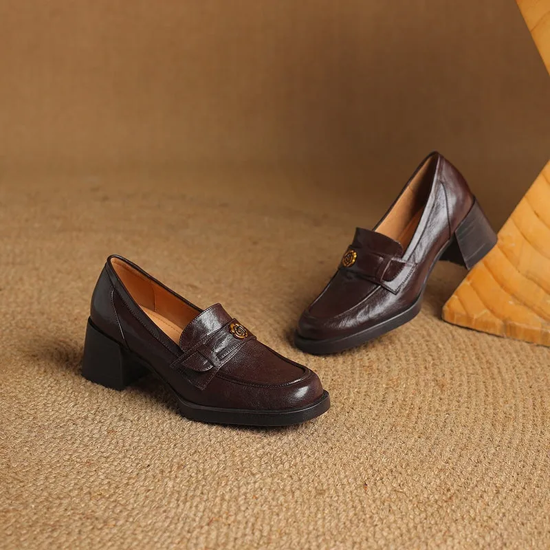 Retro Sheepskin Chunky Loafers With Metal Camellia Details in Coffee/Black