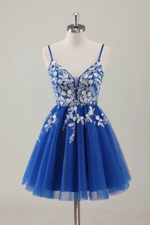 Royal Blue Spaghetti Straps Short Homecoming Dress with Appliques