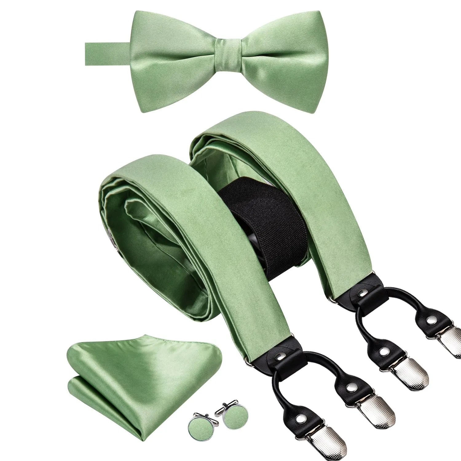 Spring Green Solid Suspender Bowtie Hanky Cufflinks Set