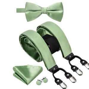 Spring Green Solid Suspender Bowtie Hanky Cufflinks Set