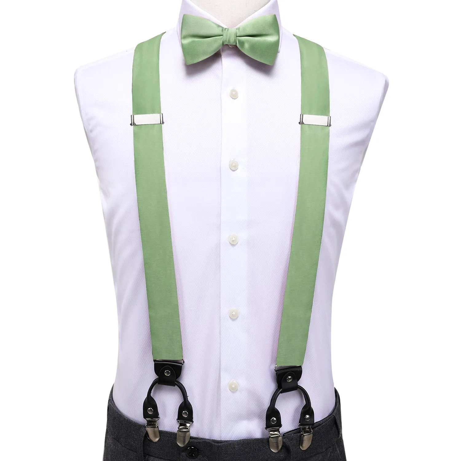 Spring Green Solid Suspender Bowtie Hanky Cufflinks Set