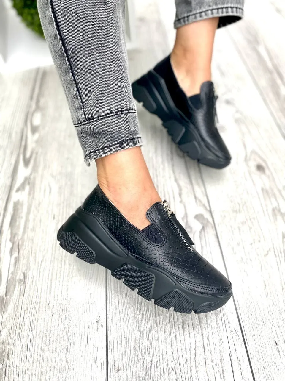 Women Leather Slip Ons 1543 Casual Shoes Black