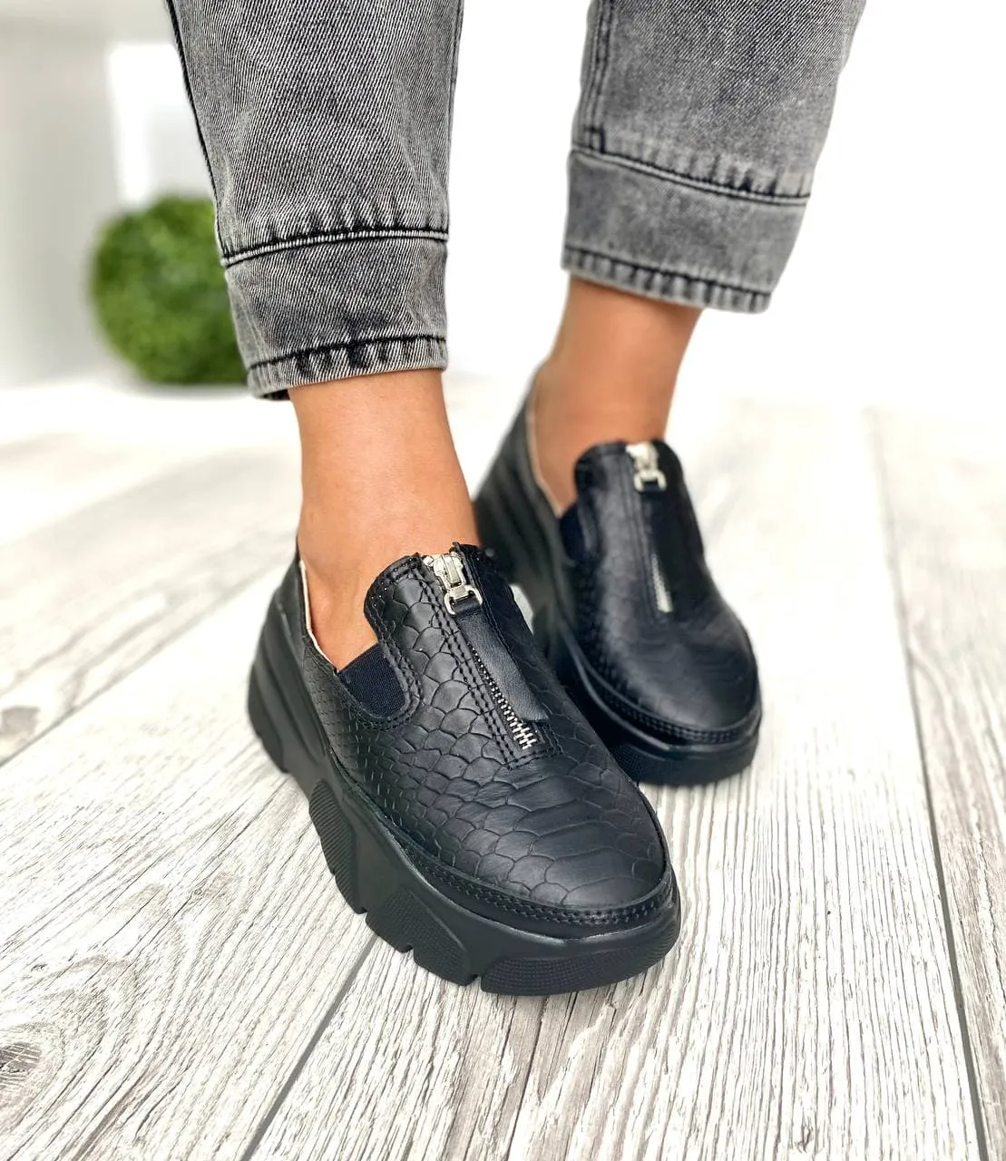 Women Leather Slip Ons 1543 Casual Shoes Black