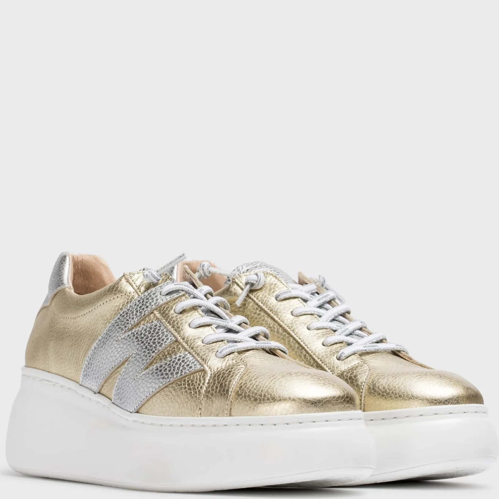 Wonders Gold & Silver Leather Brand Lace Sneakers